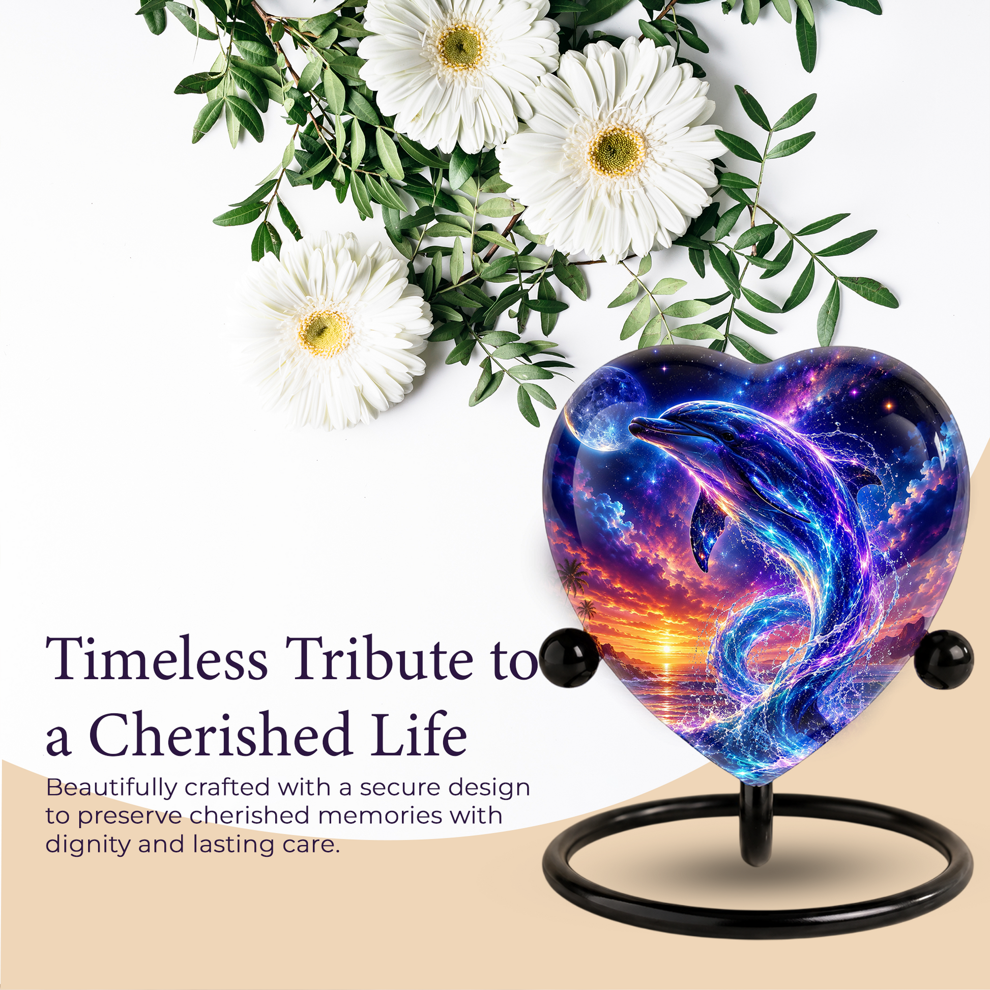 Neon Dolphin Urn for Ashes, Ocean Memorial Urn, Heart Shaped Dolphin Urn