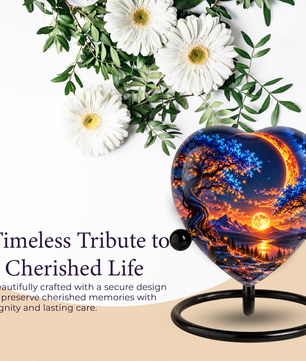 Heart Shaped Moon Urn for Ashes, Celestial Sunset Cremation Urn, Blue Tree and Crescent Moon Memorial Urn