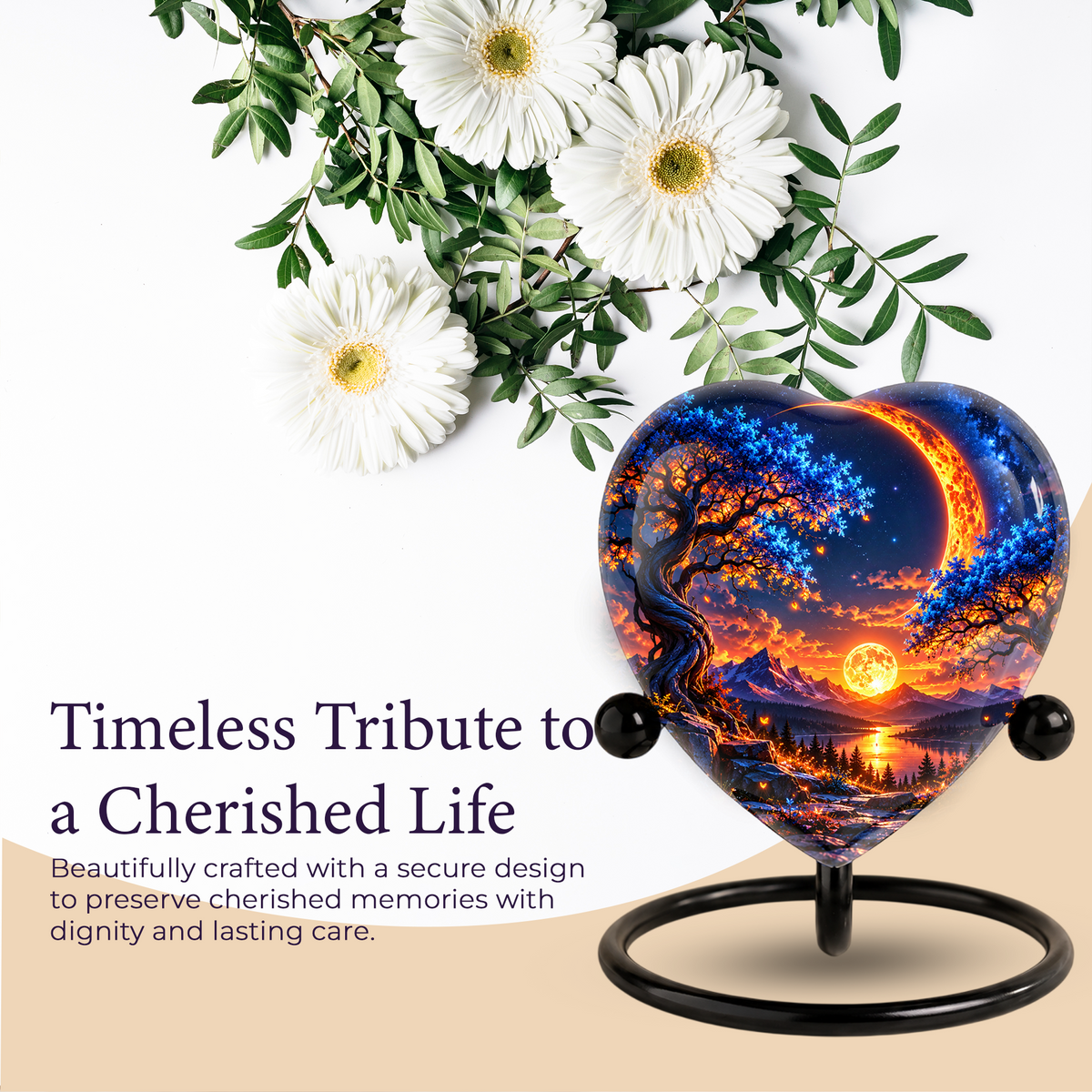 Heart Shaped Moon Urn for Ashes, Celestial Sunset Cremation Urn, Blue Tree and Crescent Moon Memorial Urn