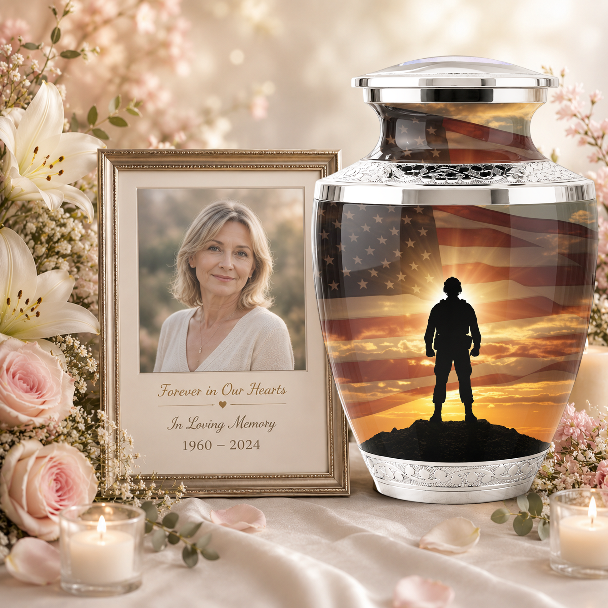 Military Veteran Cremation Urn for Dad, Patriotic American Flag Memorial Urn for Father