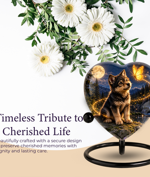 Wolf Memorial Wind Chime – Heart-Shaped Wolf and Butterfly Remembrance Garden Decoration