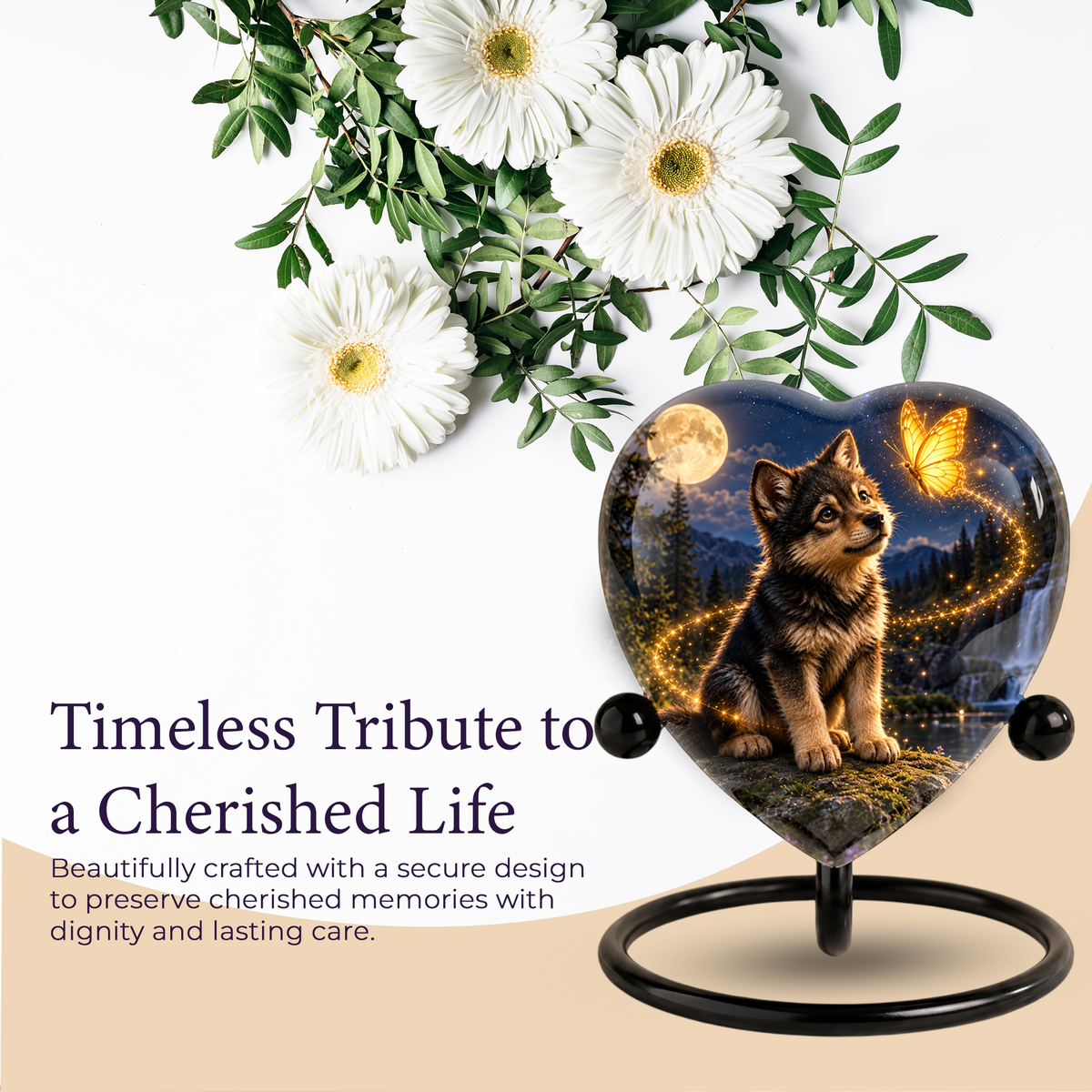 Wolf Memorial Wind Chime – Heart-Shaped Wolf and Butterfly Remembrance Garden Decoration