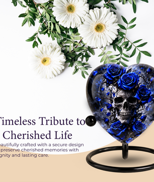 Blue Rose Skull Cremation Urn for Ashes, Gothic Memorial Urn, Blue Rose Urn, Skull Heart Urn, Personalized Adult Cremation Urn