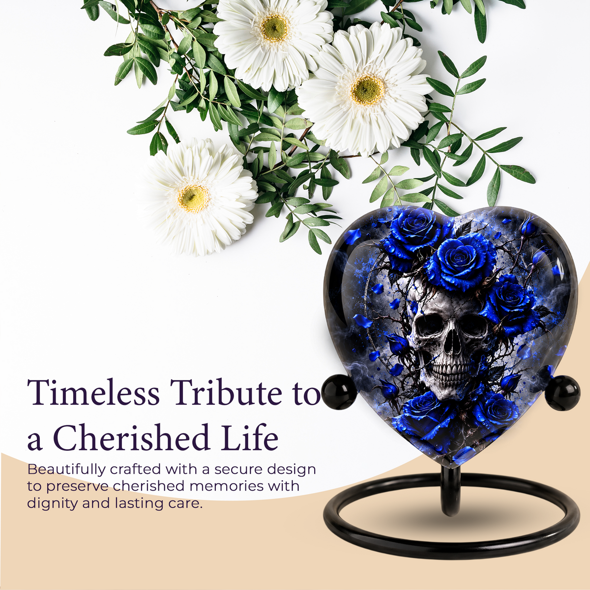 Blue Rose Skull Cremation Urn for Ashes, Gothic Memorial Urn, Blue Rose Urn, Skull Heart Urn, Personalized Adult Cremation Urn