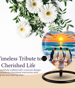 Penguin Beach Cremation Urn for Ashes, Penguin Memorial Urn, Ocean Sunset Urn, Heart Shaped Cremation Urn