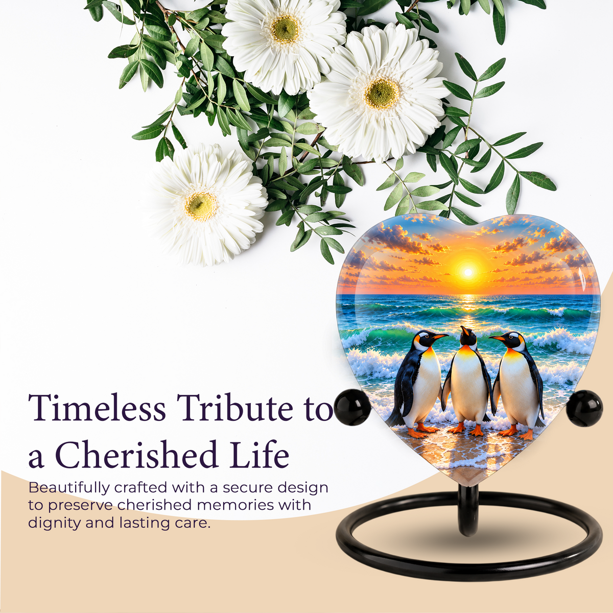 Penguin Beach Cremation Urn for Ashes, Penguin Memorial Urn, Ocean Sunset Urn, Heart Shaped Cremation Urn