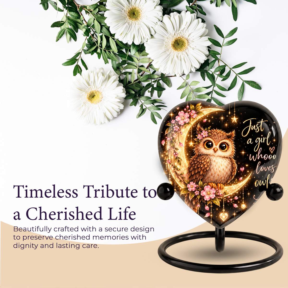 Owl Adult Cremation Urn for Ashes, Personalized Owl Memorial Urn, Heart Shaped Adult Urn, Owl Lover Cremation Urn, Floral Animal Urn