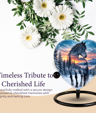 Heart Shaped Horse Urn for Ashes, Winter Mountain Sunset Cremation Urn
