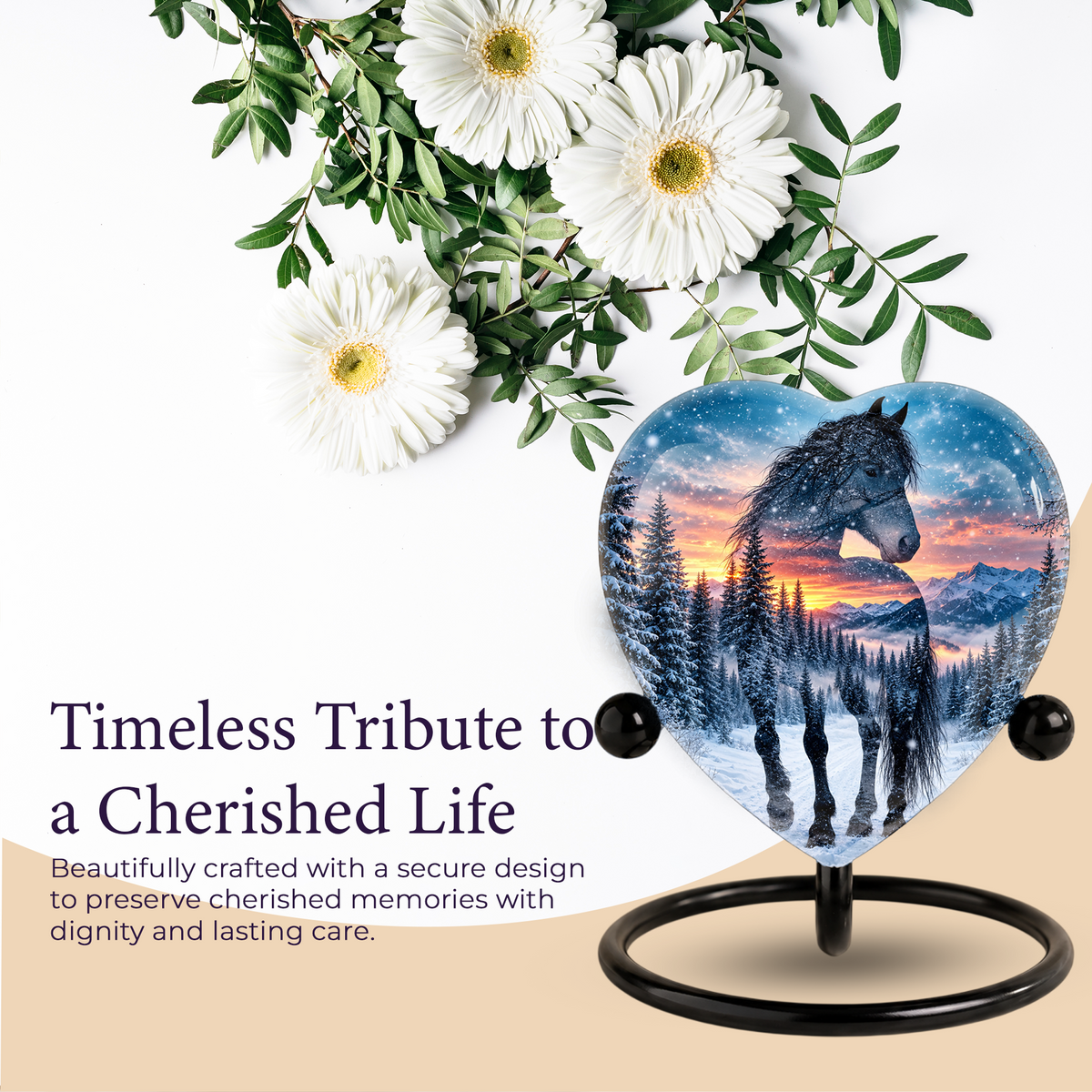 Heart Shaped Horse Urn for Ashes, Winter Mountain Sunset Cremation Urn