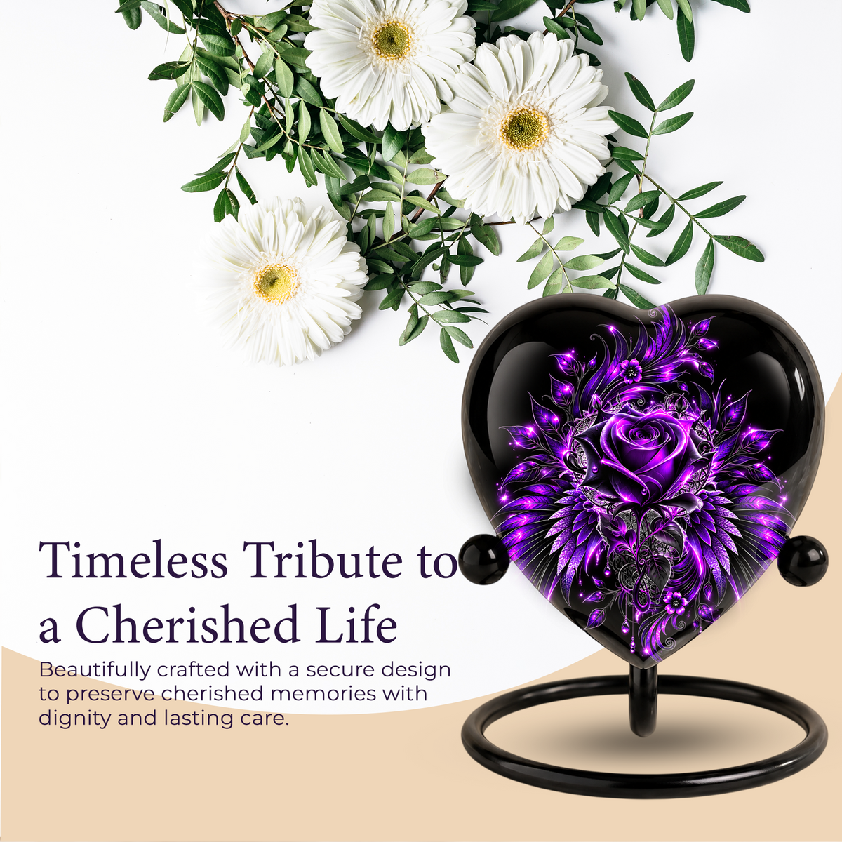 Purple Rose Heart Cremation Urn for Ashes, Purple Floral Urn, Heart Shaped Memorial Urn, Personalized Rose Urn, Gothic Flower Urn