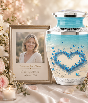 Custom Blue Butterfly Heart Cremation Urn for Mom, Beach Memorial Keepsake Urn
