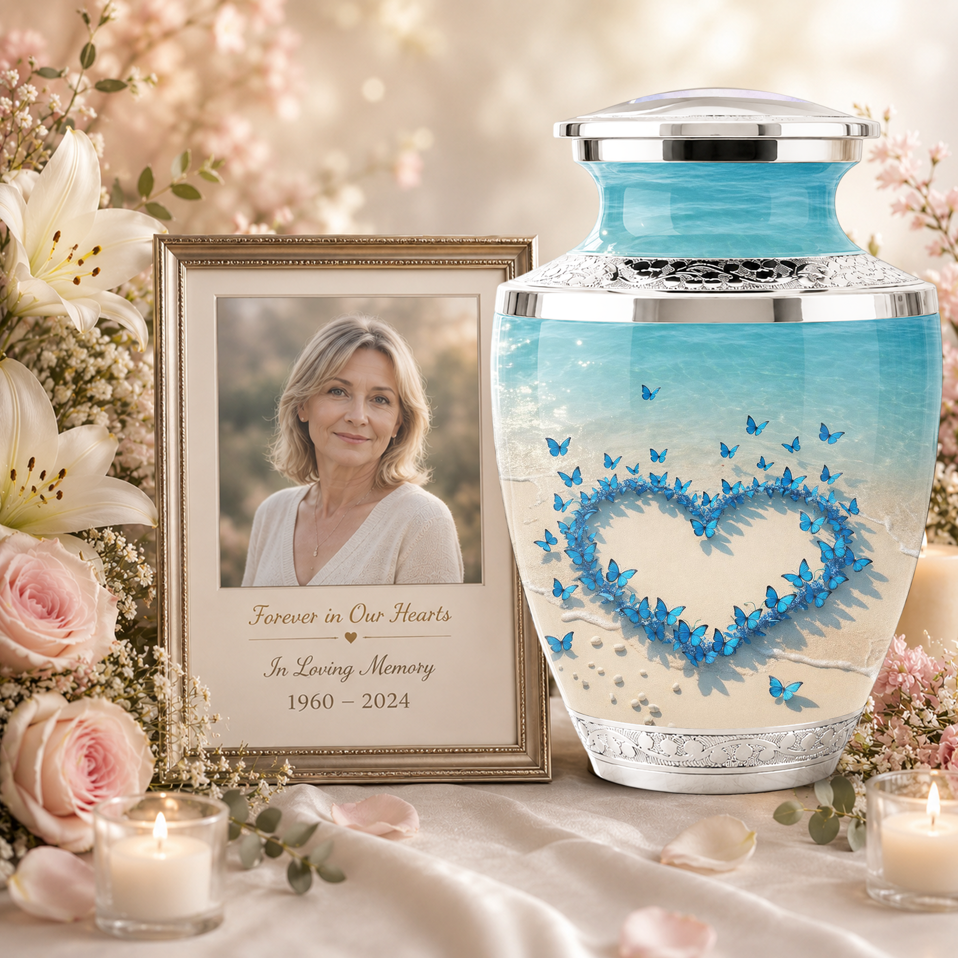 Custom Blue Butterfly Heart Cremation Urn for Mom, Beach Memorial Keepsake Urn