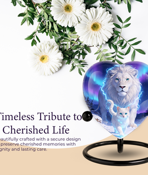 White Lion and White Cat Heart Memorial Urn – Adult Urn, Urns for Adult Ashes