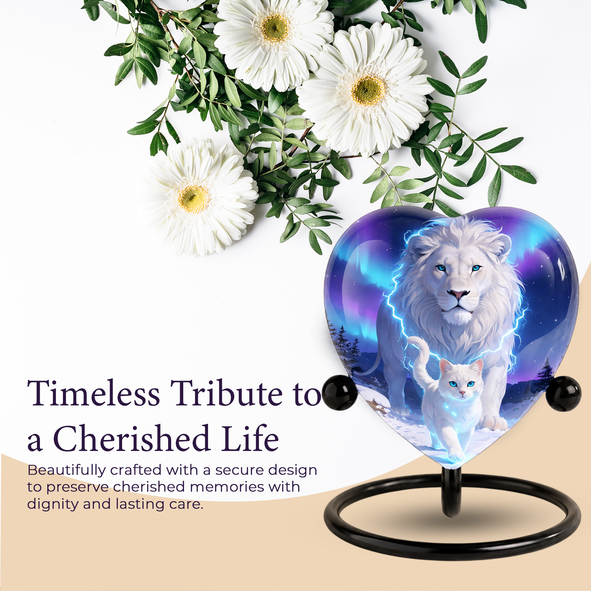 White Lion and White Cat Heart Memorial Urn – Adult Urn, Urns for Adult Ashes