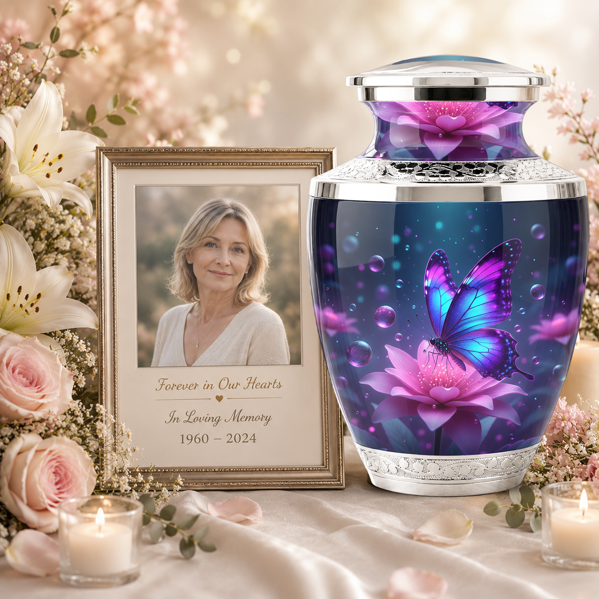 Blue Butterfly Cremation Urn for Mom, Flower Butterfly Personalized Urn for Human Ashes