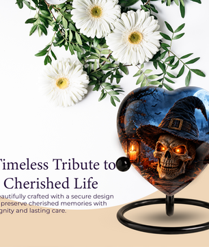 Halloween Skull Cremation Urn for Ashes, Witch Hat Heart Urn, Gothic Memorial Urn, Spooky Halloween Urn, Personalized Skull Urn
