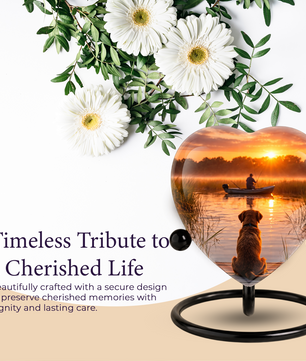 Sunset Fishing Dog Adult Urn for Human Ashes – Heart-Shaped Lake Memorial Adult Cremation Urn