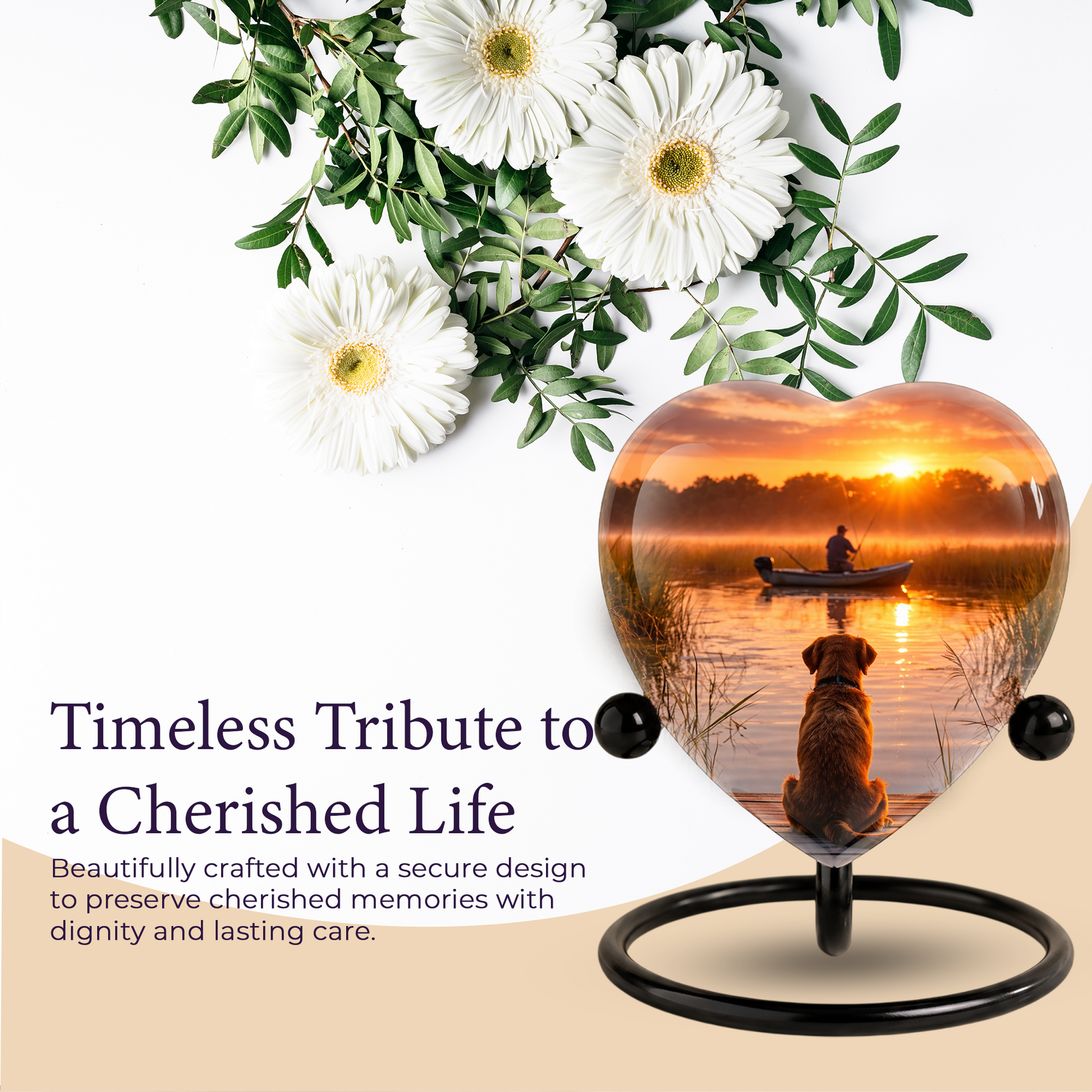 Sunset Fishing Dog Adult Urn for Human Ashes – Heart-Shaped Lake Memorial Adult Cremation Urn