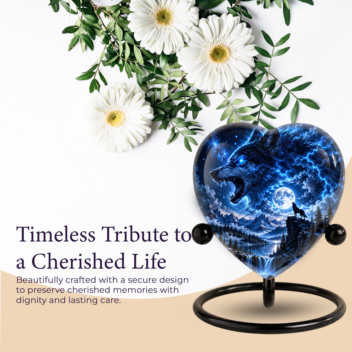 Wolf Adult Urn for Ashes, Blue Lightning Wolf Memorial Urn, Full Moon and Mountain Cremation Urn,
