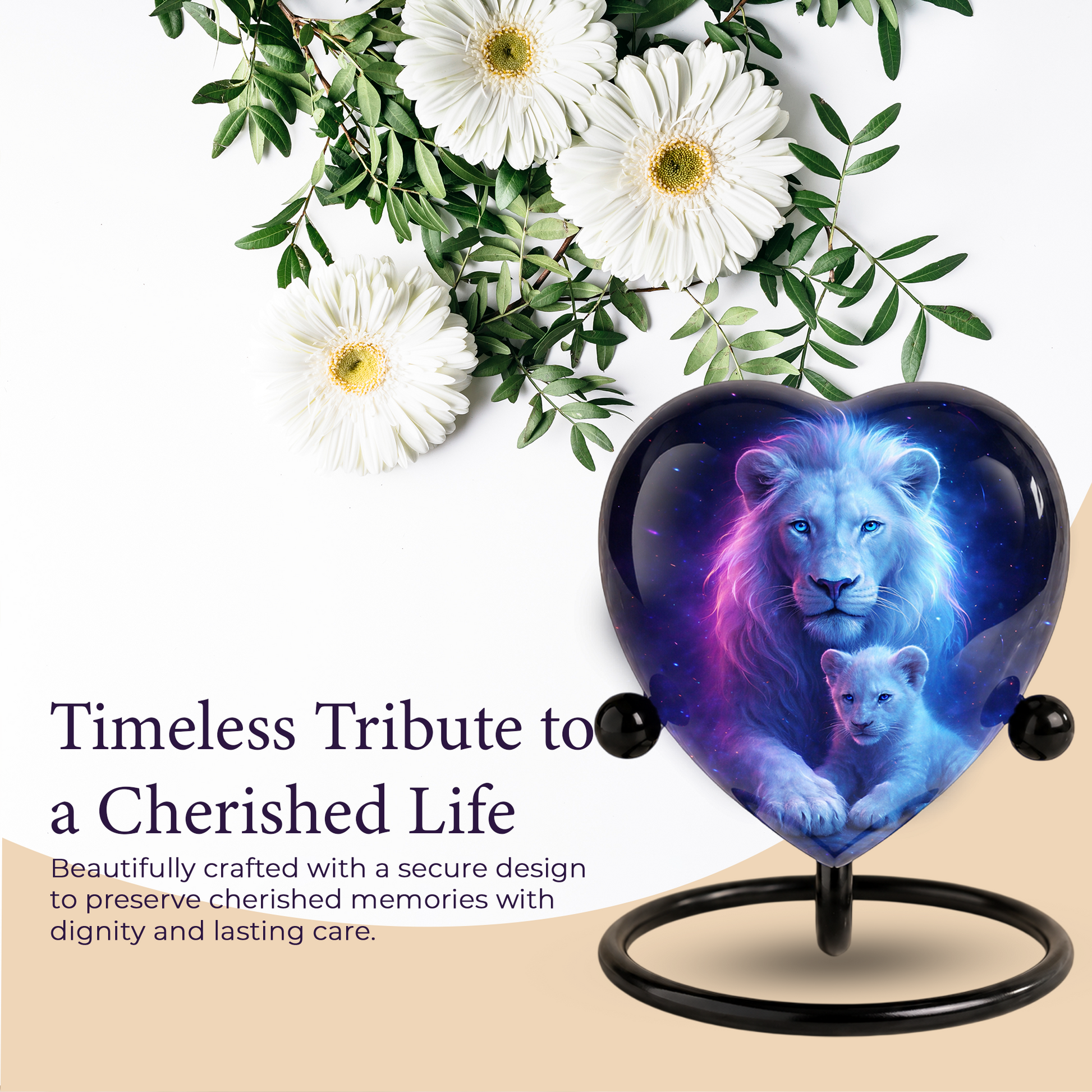 White Lion and Lion Cub Heart Memorial Urn – Adult Urn, Urns for Adult Ashes