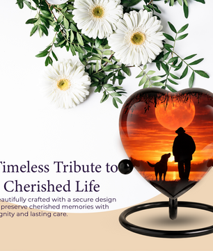 Heart Shaped Urn for Dad – Sunset Memorial Urn with Man & Dog, Personalized Urn for Dad,