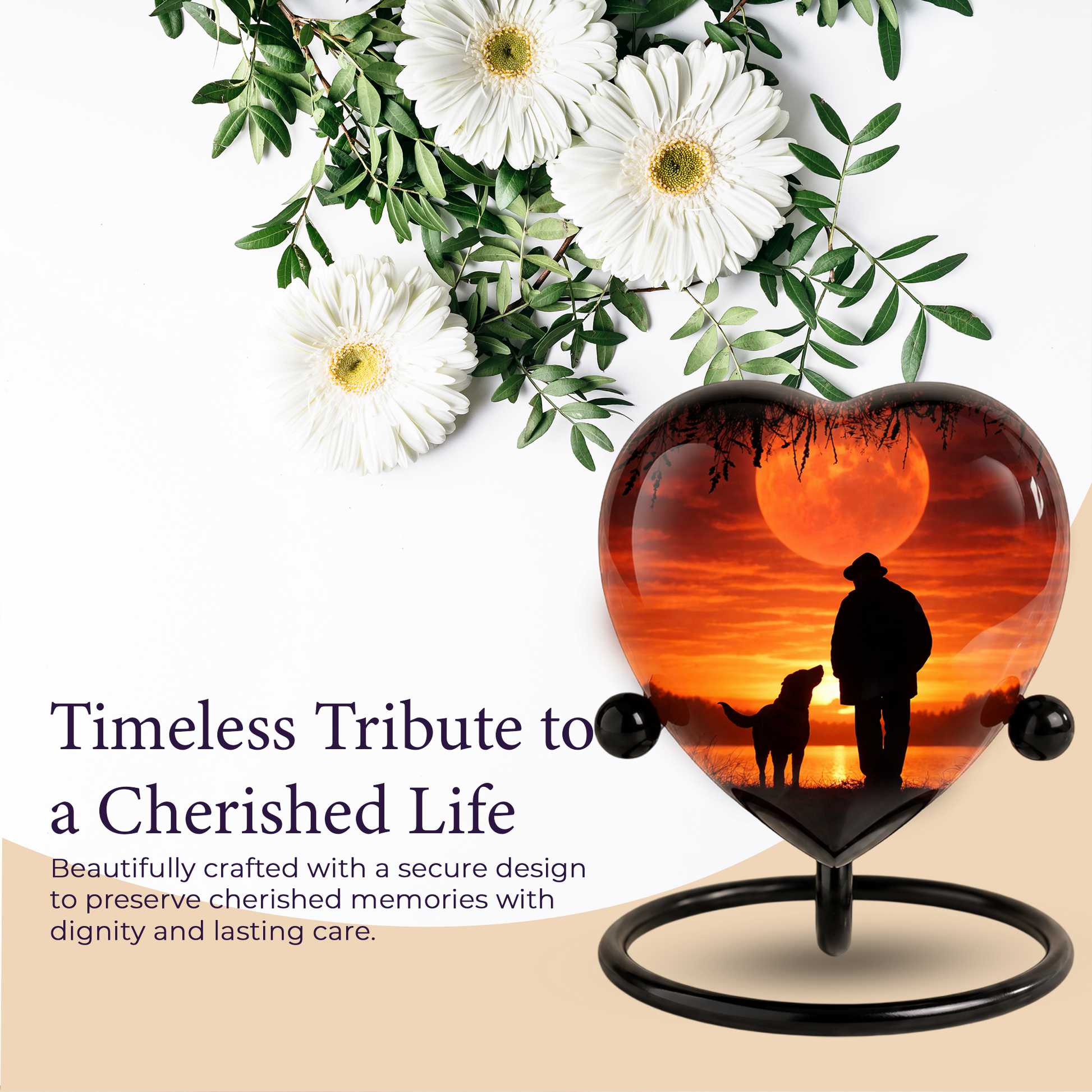 Heart Shaped Urn for Dad – Sunset Memorial Urn with Man & Dog, Personalized Urn for Dad,