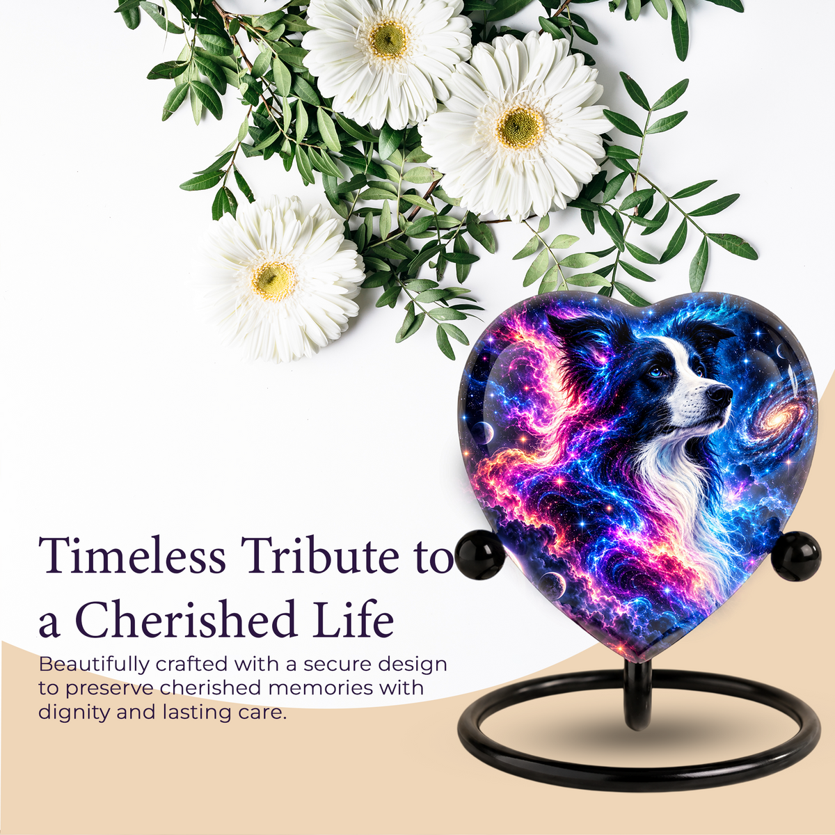 Heart Shaped Border Collie Urn for Ashes, Personalized Dog Cremation Urn, Galaxy Pet Memorial Urn