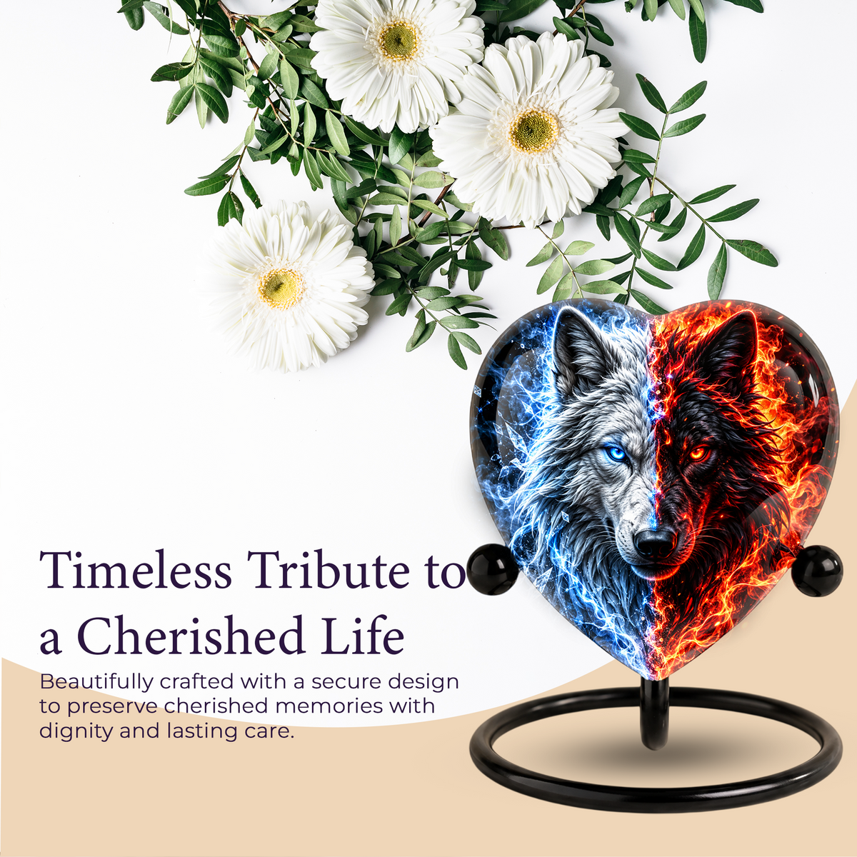 Wolf Heart Cremation Urn for Ashes, Personalized Adult Memorial Urn, White and Black Wolf Urn,