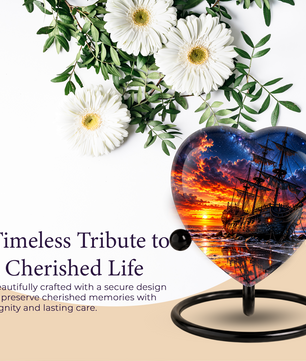 Pirate Ship Heart Cremation Urn for Ashes, Personalized Adult Memorial Urn, Nautical Urn for Men