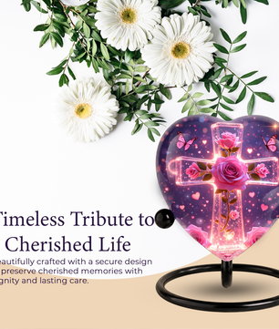 Rose Cross Adult Urn for Ashes, Pink Rose Memorial Adult Cremation Urn, Heart Shaped Urn for Adult Ashes,