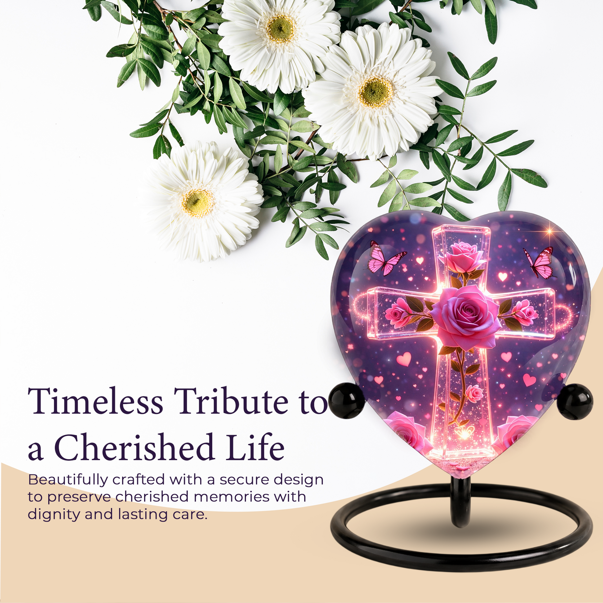 Rose Cross Adult Urn for Ashes, Pink Rose Memorial Adult Cremation Urn, Heart Shaped Urn for Adult Ashes,