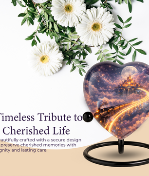 Fantasy Heart Adult Urn for Human Ashes – Enchanted Castle & Train Memorial Adult Cremation Urn