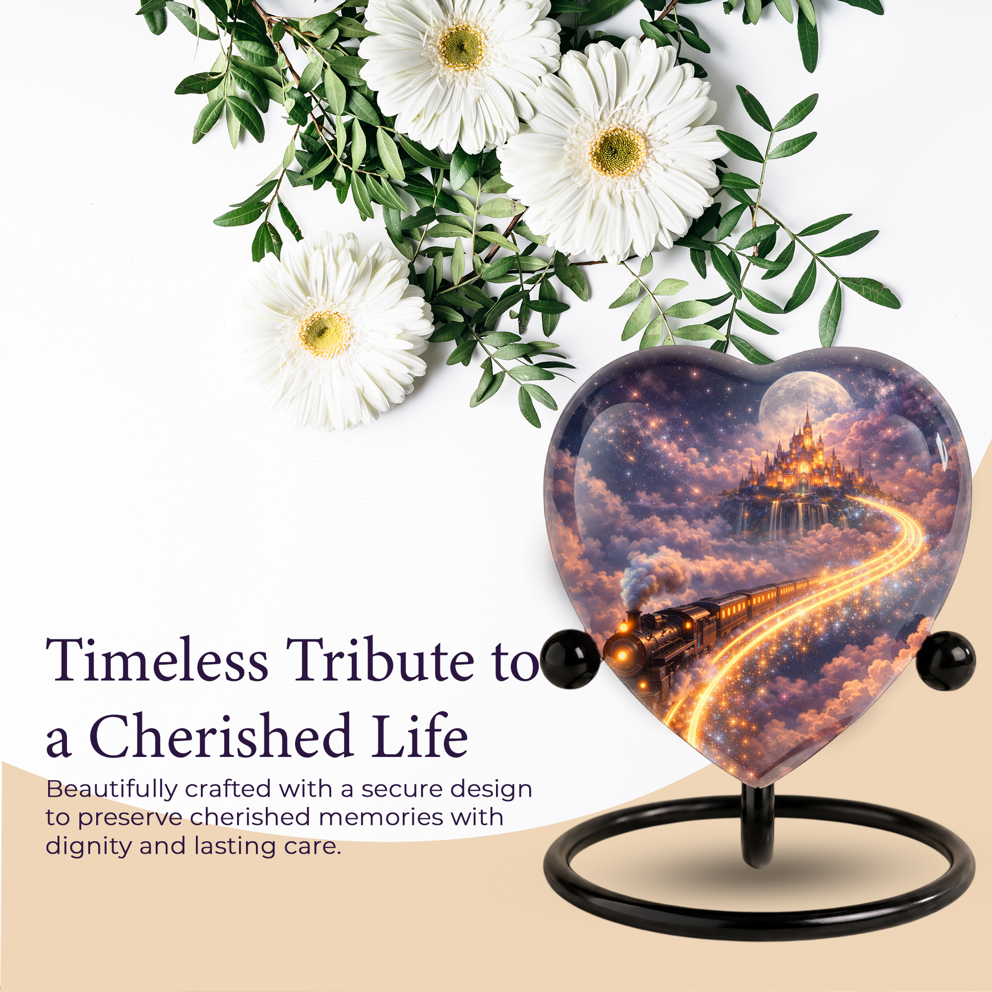 Fantasy Heart Adult Urn for Human Ashes – Enchanted Castle & Train Memorial Adult Cremation Urn