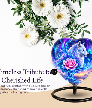 Heart Shaped White Wolf Urn for Ashes, Pink Rose Cremation Urn, Aurora Borealis Wolf Memorial Urn