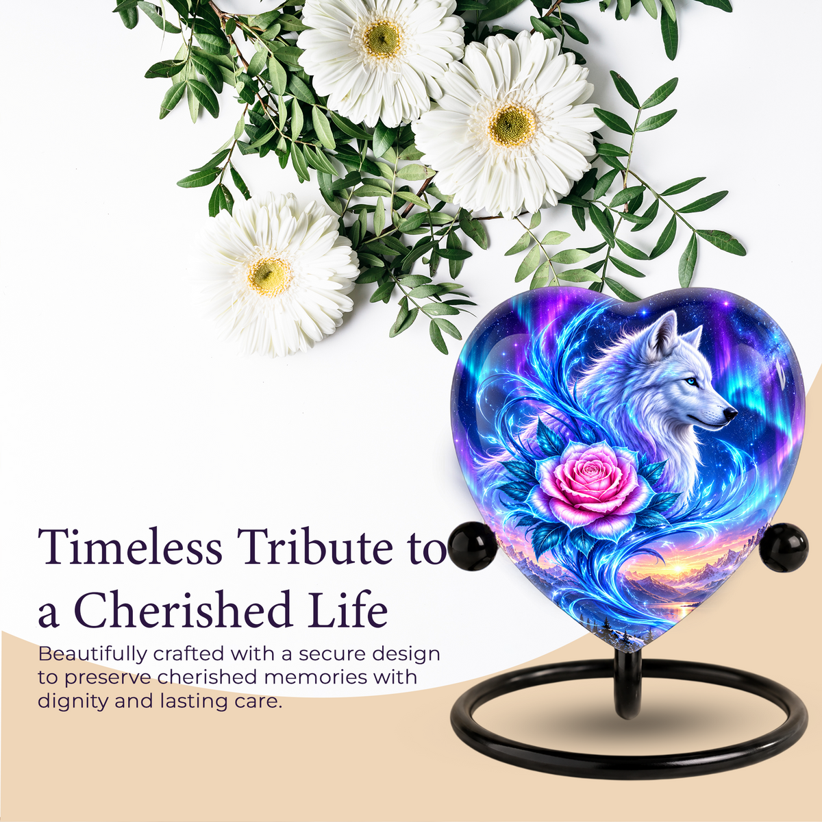 Heart Shaped White Wolf Urn for Ashes, Pink Rose Cremation Urn, Aurora Borealis Wolf Memorial Urn