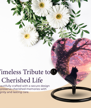 Cherry Blossom Cat Memorial Urn – Black Cat Sunset Heart Urn,Cat Memorial Keepsake Urn for Ashes