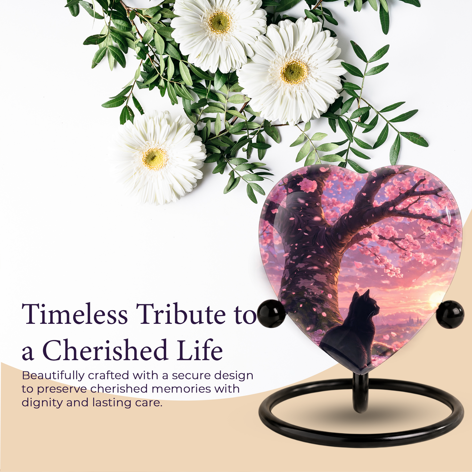 Cherry Blossom Cat Memorial Urn – Black Cat Sunset Heart Urn,Cat Memorial Keepsake Urn for Ashes