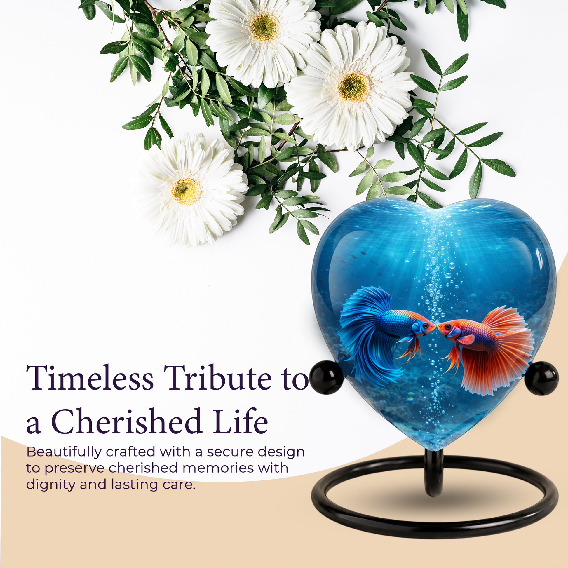 Heart-Shaped Betta Fish Cremation Urn – Beautiful Memorial Keepsake Urn for Adult Ashes, Unique Fish Urn for Loved Ones