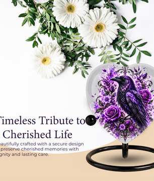 Purple Raven Heart Cremation Urn for Ashes, Crow Memorial Urn, Purple Floral Urn, Raven Urn for Ashes, Personalized Heart Cremation Urn