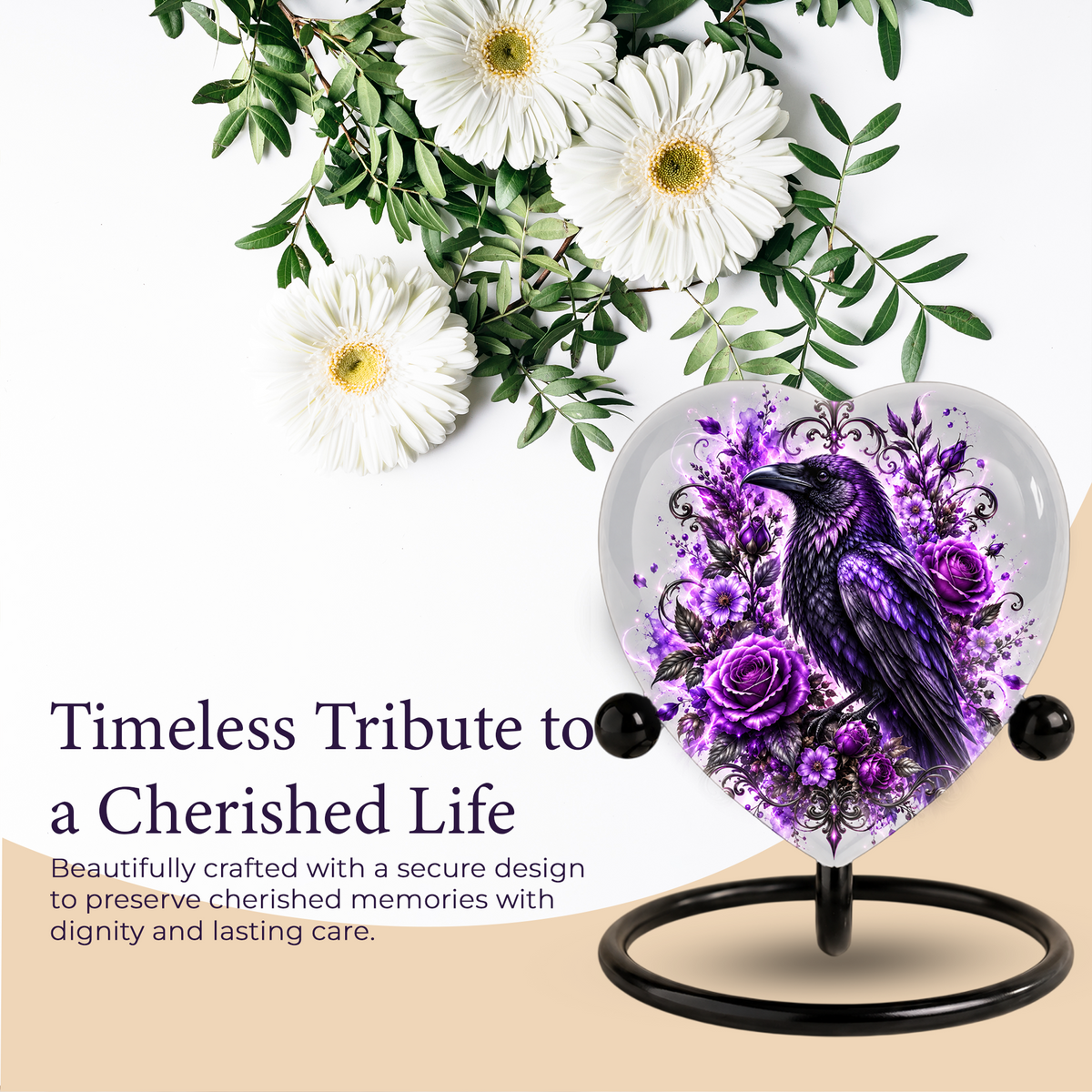 Purple Raven Heart Cremation Urn for Ashes, Crow Memorial Urn, Purple Floral Urn, Raven Urn for Ashes, Personalized Heart Cremation Urn