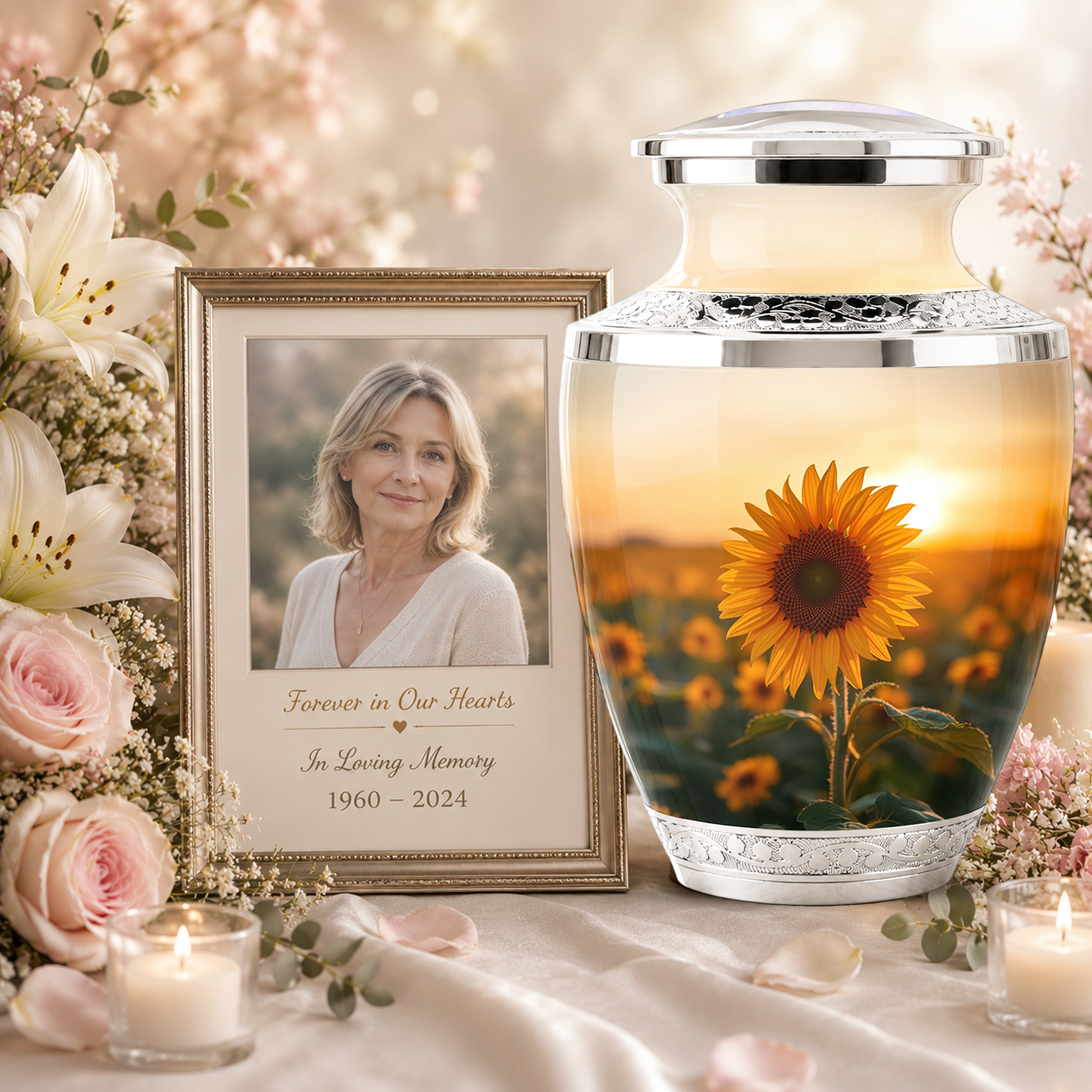 Sunflower Cremation Urn for Male and Female, Custom Memorial Large Urn