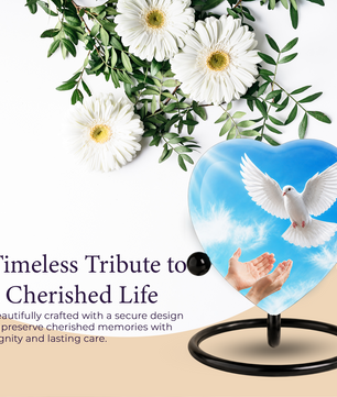 Dove Urn for Ashes, Heart Shaped Adult Cremation Urn, Peaceful White Dove Memorial Urn