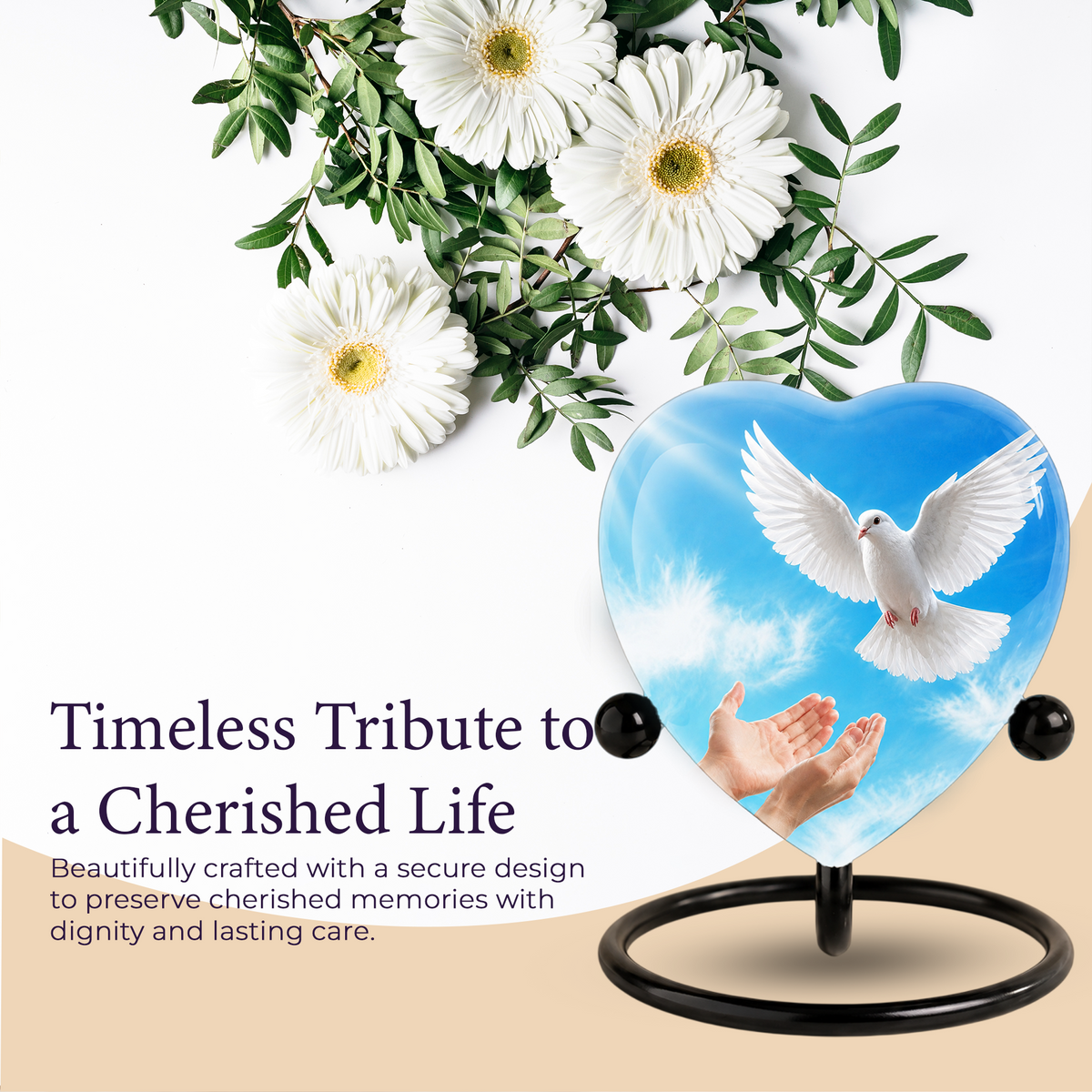 Dove Urn for Ashes, Heart Shaped Adult Cremation Urn, Peaceful White Dove Memorial Urn