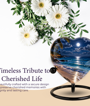 Beach Sunset Heart Cremation Urn for Ashes, Moonlit Ocean Urn, Personalized Coastal Urn