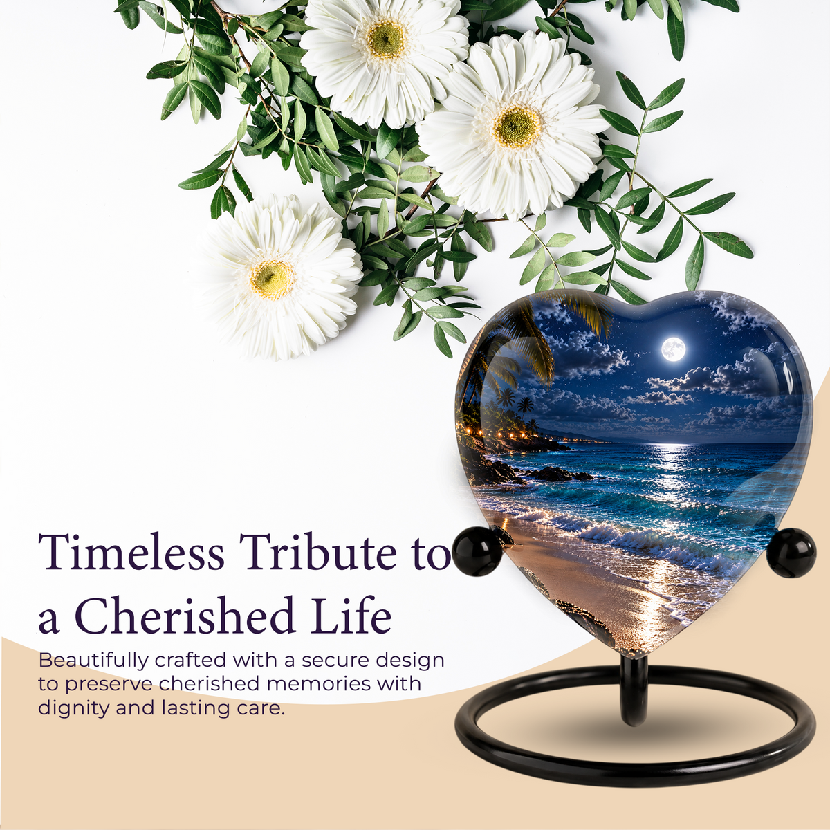 Beach Sunset Heart Cremation Urn for Ashes, Moonlit Ocean Urn, Personalized Coastal Urn