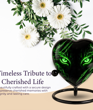 Green Cat Adult Cremation Urn for Ashes, Black Cat Memorial Urn, Gothic Cat Personalized Adult Urn, Heart Shaped Cremation Urn