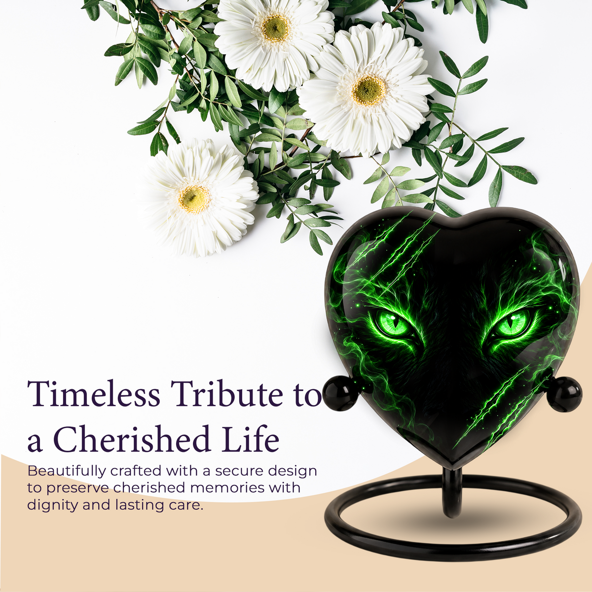 Green Cat Adult Cremation Urn for Ashes, Black Cat Memorial Urn, Gothic Cat Personalized Adult Urn, Heart Shaped Cremation Urn