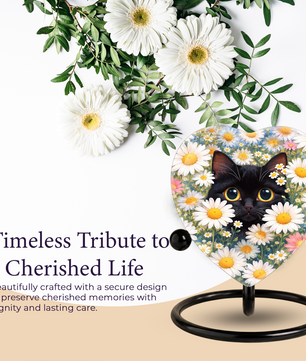 Personalized Black Cat Urn for Ashes – Heart-Shaped White Daisy Memorial,Floral Cat Cremation Urn