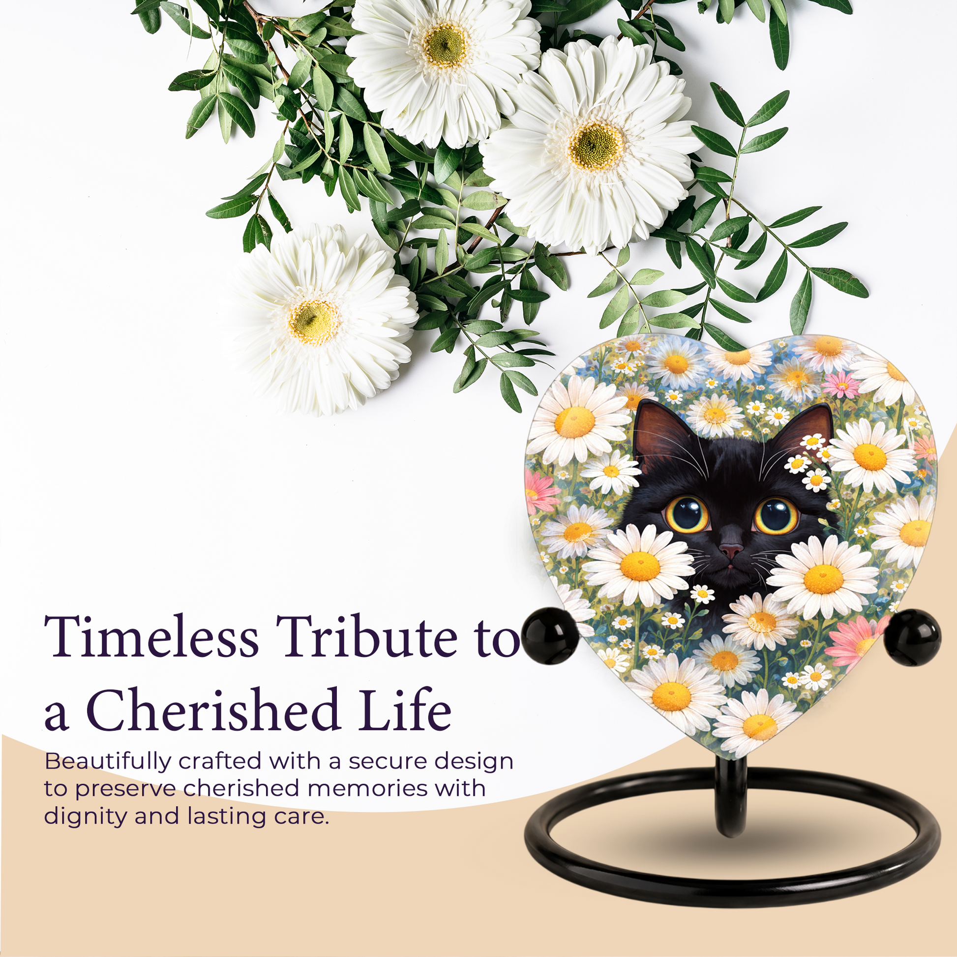 Personalized Black Cat Urn for Ashes – Heart-Shaped White Daisy Memorial,Floral Cat Cremation Urn