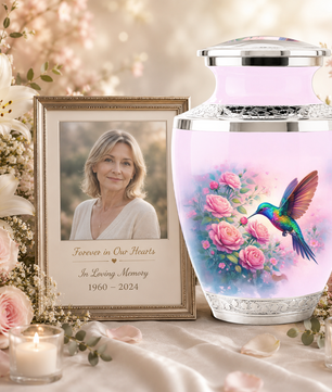 Floral Hummingbird Cremation Urn for Mom, Pink Rose Memorial Keepsake Urn